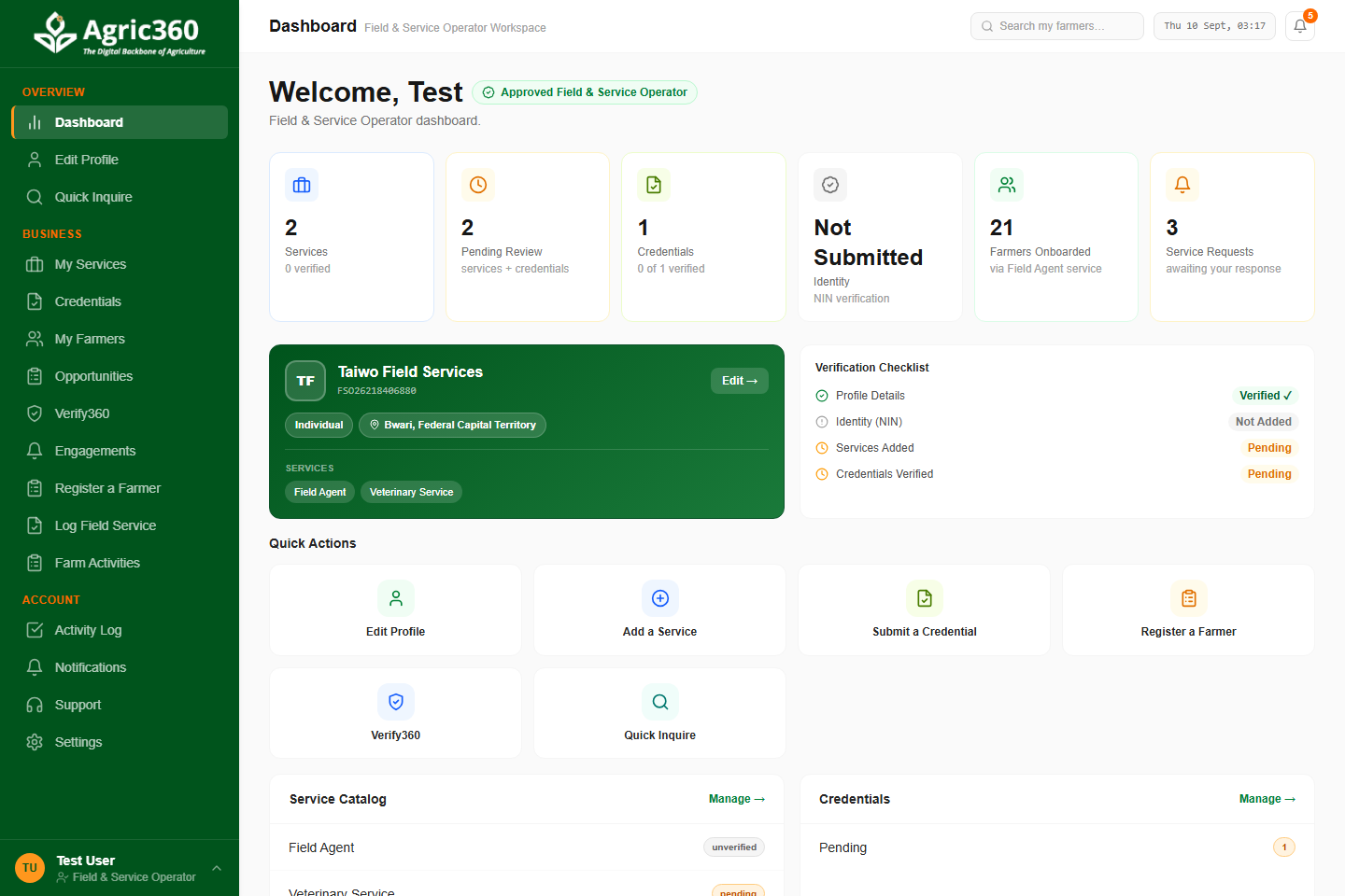 A real Agric360 Field & Service Operator dashboard showing registered farmers, services offered, and service requests